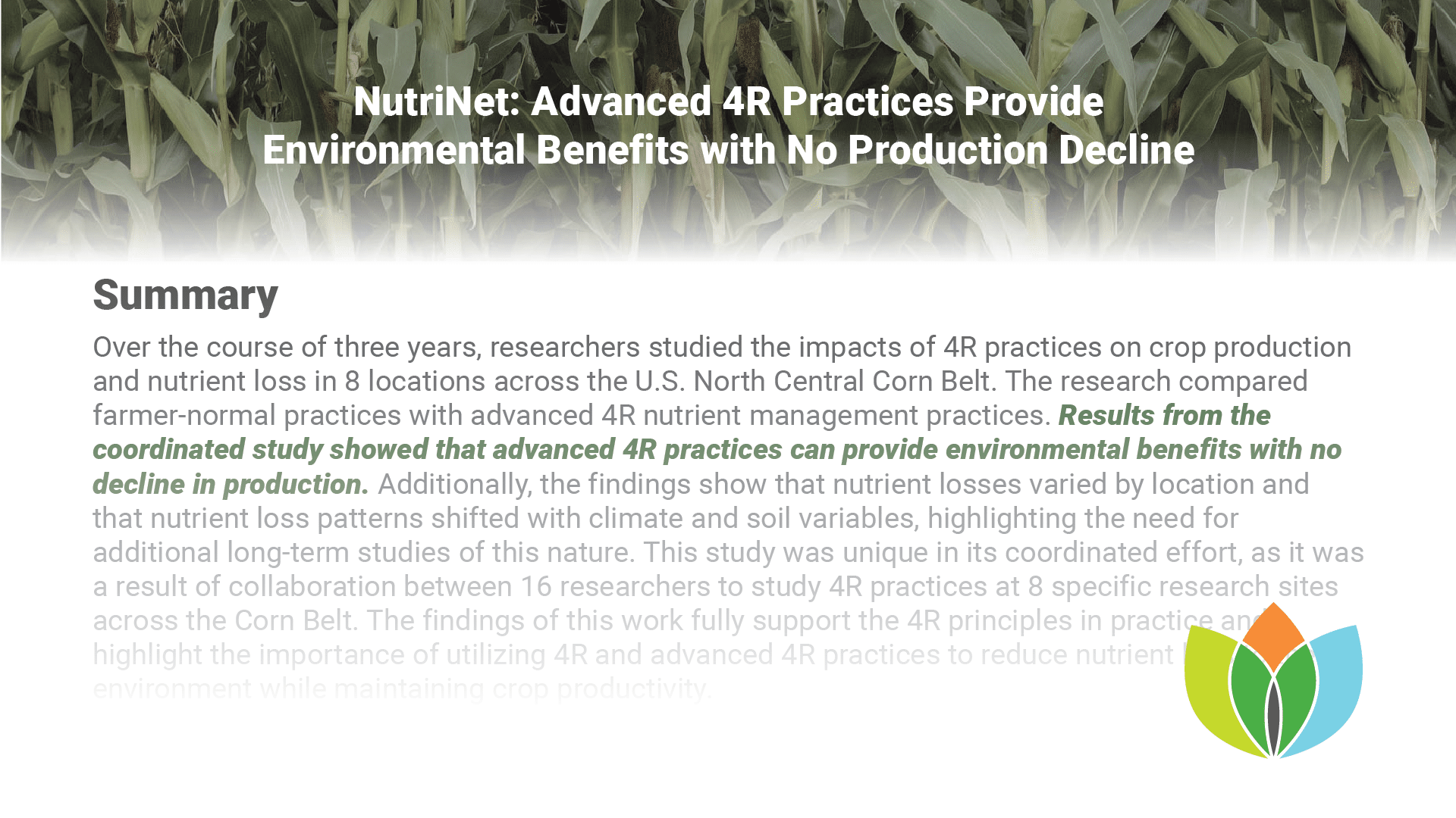 Nutri-Net: Advanced 4R practices provide environmental benefits with no production decline